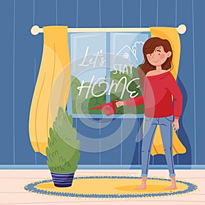 Lettering let`s stay home. Girl in a red sweater and jeans watering aome plant near round carpet and a window with yellow curtains